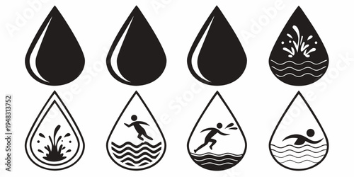 a set of black and white water droplet icons Vector