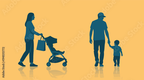 Family daily life: mother pushing stroller, father holding son's hand