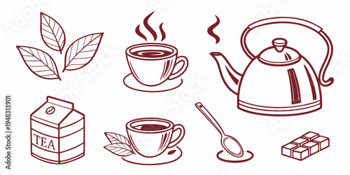 a collection of tea and coffee related items Vector