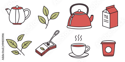 a collection of tea and coffee items with leaves and a carton Vector