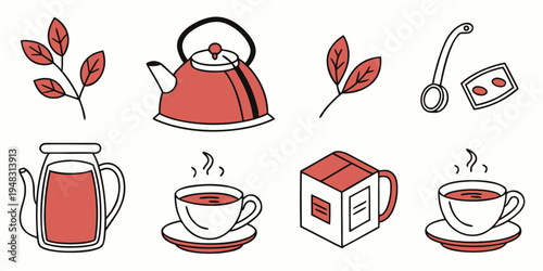 a set of tea and coffee icons with red and white color scheme Vector