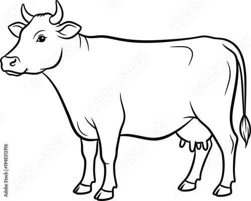 A black and white line drawing of a cow standing still