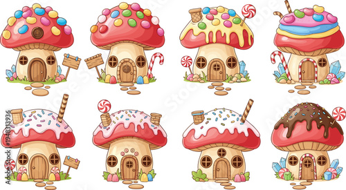 Cute Candy Mushroom Houses Cartoon Vector Illustration Set with Sweet Dessert Cottage, Lollipop, Sprinkles and Fantasy Fairy Tale Homes