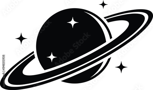 A black and white illustration of a planet with a ring and stars in space