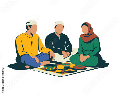 Three people wearing traditional caps share an evening meal seated cross-legged on the.