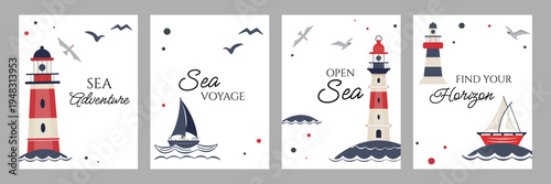 Set of nautical maritime banners with lighthouse, sailboat, waves and seabirds in flat style. Marine travel posters with adventure quotes for summer vacation, ocean navigation theme for tourism 