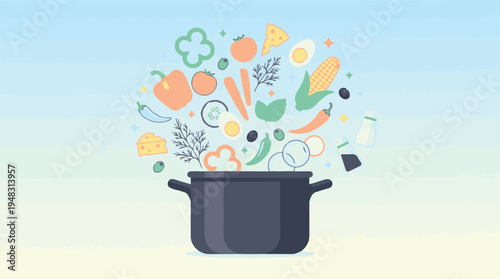 Fresh healthy ingredients and spices falling into a cooking pot for meal prep