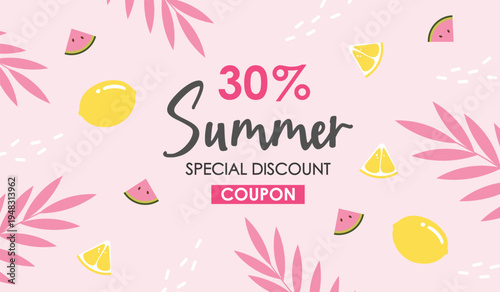 Summer Special Discount Coupon with Tropical Fruits and Leaves, Season summer Sale coupon. Sale flat template Tickets. For sale coupon. Minimalist pink coupon.