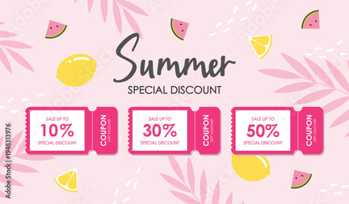 Summer Special Discount Coupon with Tropical Fruits and Leaves, Season summer Sale coupon. Sale flat template Tickets. For sale coupon. Minimalist pink coupon.