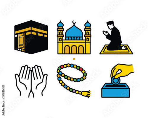 Set of six minimalist icons represents essential practices of Islamic culture and worship.