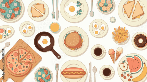 Top view spread of colorful food illustrations on a white background