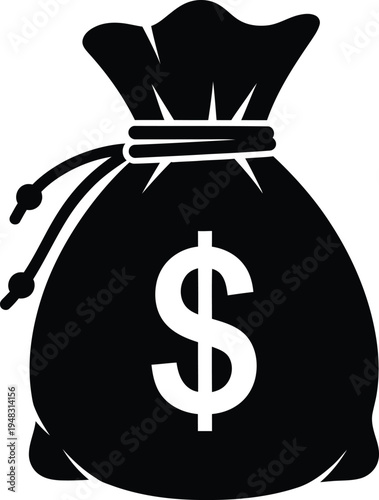 A black money bag with a white dollar sign on a plain white background