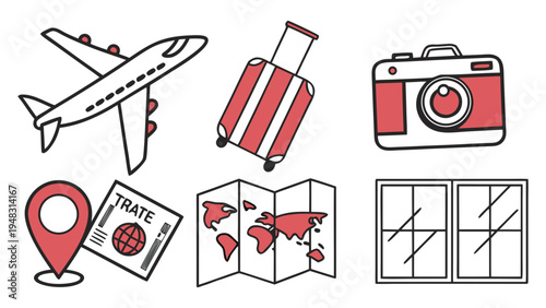 a collection of travel icons including a plane and suitcase Vector
