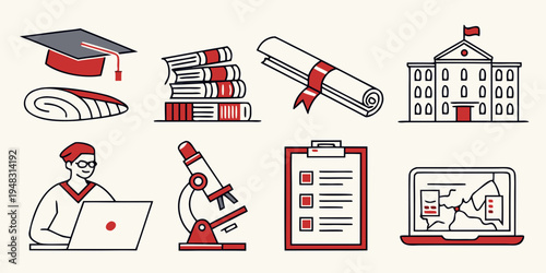 Education icons including graduation cap and books Vector