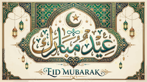 Eid mubarak islamic greeting card with arabic calligraphy and crescent moon design elements