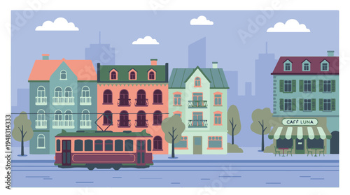 Colorful European City Street with Tram, Historic Buildings, and Cafe