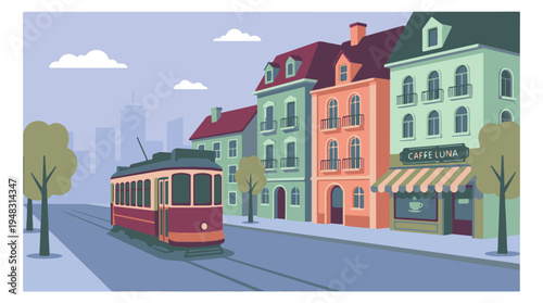 Flat design city street scene with a vintage tram and colorful buildings