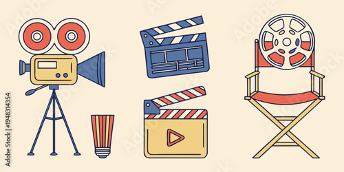 film making icons including camera and director chair Vector