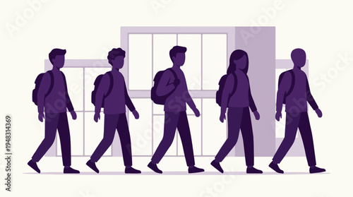 Diverse students with backpacks walking in a school hallway, flat illustration
