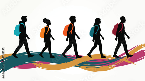 Diverse students with backpacks walking together on a vibrant abstract path