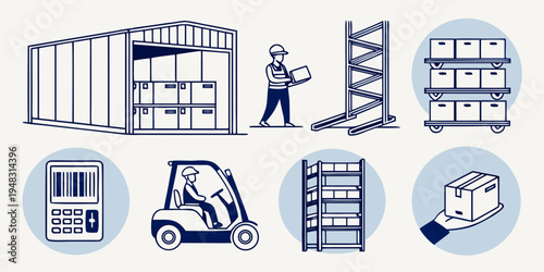 warehouse and storage icons including shelving and forklift Vector