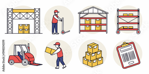 warehouse icons with workers and storage solutions Vector
