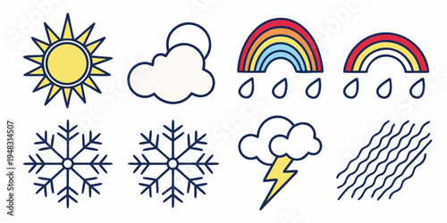 weather icons including sun cloud rainbow snowflake and lightning Vector