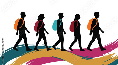 Silhouettes of diverse students walking with colorful backpacks