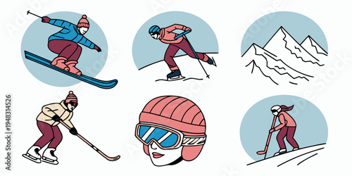 skiing and snowboarding icons with mountains and gear Vector