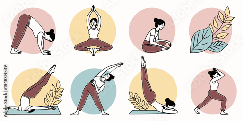 a set of different yoga poses for flexibility and balance Vector