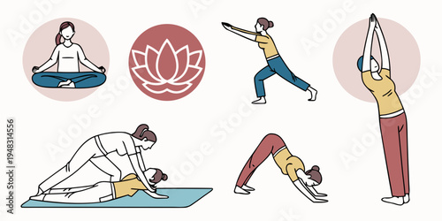 woman performing various yoga poses and meditation Vector