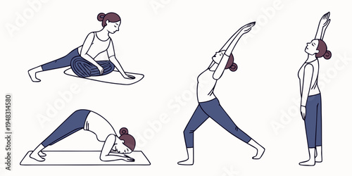 woman doing various yoga poses on a mat Vector