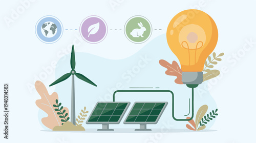 Renewable energy concept with wind turbine, solar panels, and light bulb