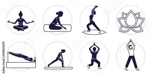 a set of yoga poses and a lotus flower Vector