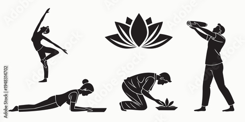 yoga poses and lotus flower silhouette Vector