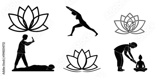 yoga and massage silhouettes with lotus flowers Vector