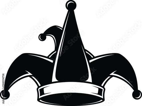 A black and white illustration of a jester's hat with a shiny appearance and three pointed lobes