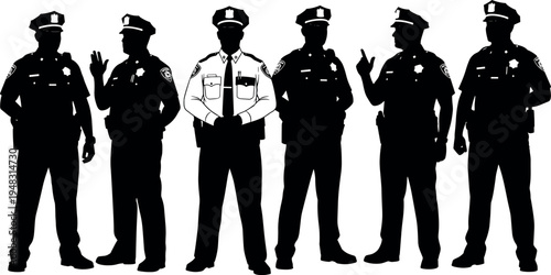 Police officer silhouette vector illustration with uniformed figures, group formation, leadership emphasis, minimal black design, law enforcement artwork