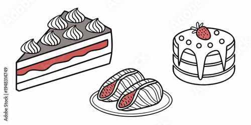 a slice of cake and two pastries with red filling Vector