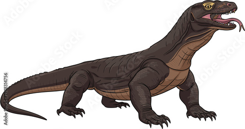 Hand drawn vector illustration of Komodo dragon lizard isolated on white background wild reptile animal with tongue out predator from Indonesia nature