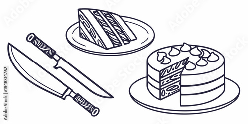 a cake with a slice taken out and a knife Vector