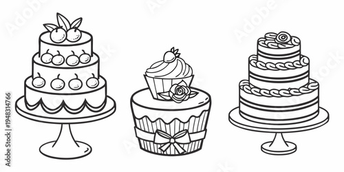 Three decorated cakes on stands and a cake with a flower on top Vector