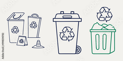 a set of recycling bins and trash cans with recycling symbols Vector