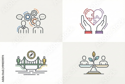 Effective collaboration illustrated through diverse characters engaging in dialogue reflecting problem solving interaction partnerships signifying emotional connection and balance in