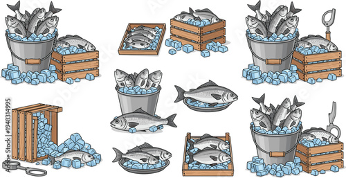 Fresh Fish Market Vector Illustration Set with Seafood Buckets, Wooden Crates, Ice Cubes and Raw Fish for Seafood Shop Display