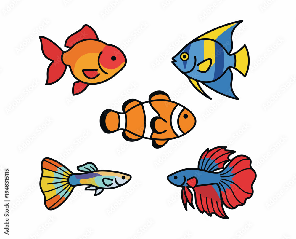 Fototapeta premium Colorful cartoon fish illustrations on white.