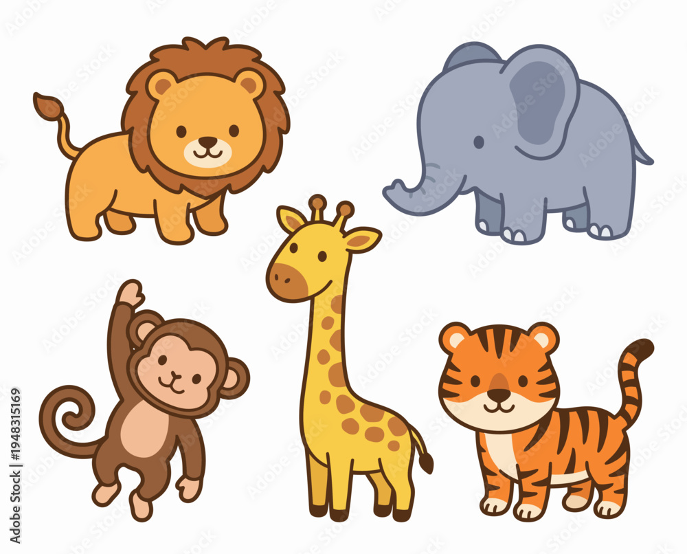 Fototapeta premium A colorful illustration of five cartoon animals.