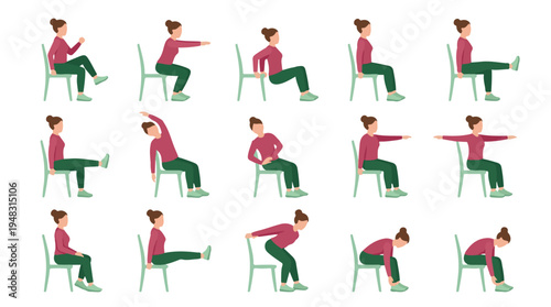 Woman demonstrating various chair exercises for fitness and wellbeing