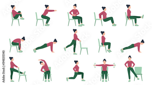 Woman performing various chair exercises for home fitness workout