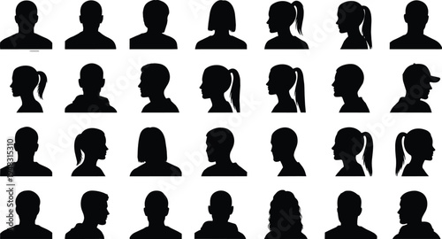 Profile icon silhouette vector illustration with diverse human head shapes, square frames, minimal black design, creative user interface artwork